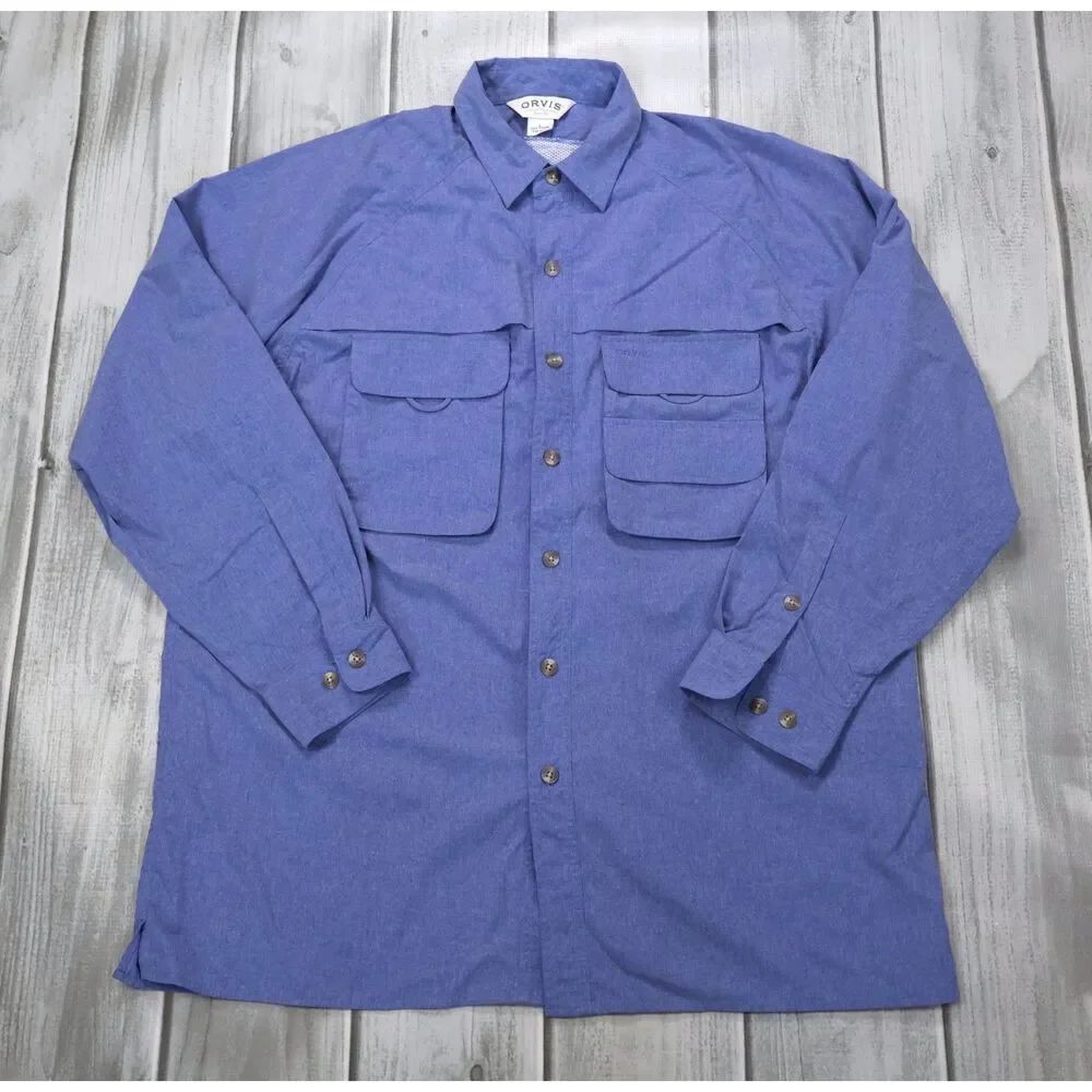 Orvis Men’s Blue Button Down Shirt Long ROLL UP Sleeve Pockets Size L Casting